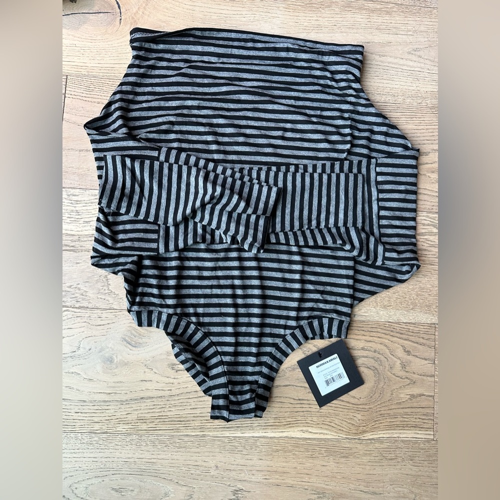 NWT Norma Kamali Grey and black striped bodysuit.  Size small - Picture 2 of 6